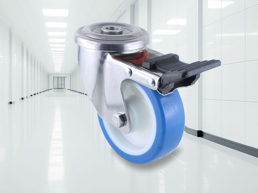 Hygienic D-Flex castor, elastic Polyurethane, bolt hole